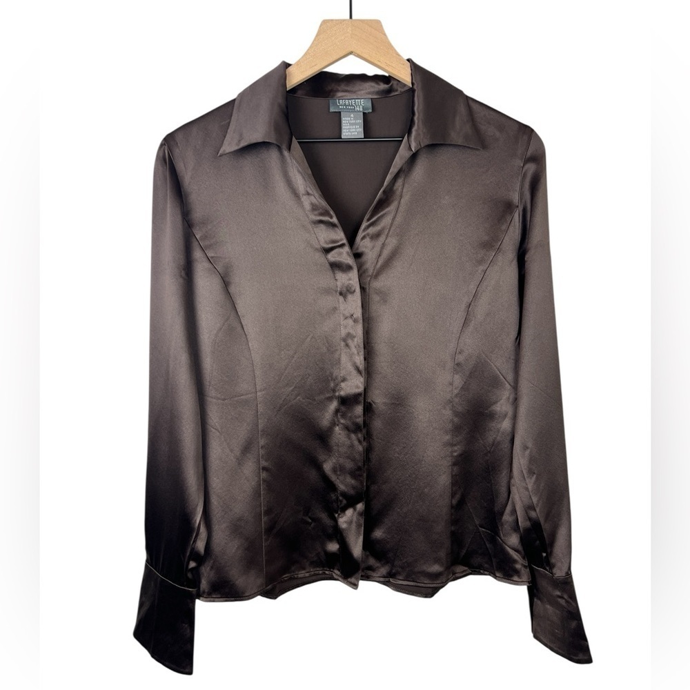 Vtg Lafayette 148 Chocolate Silk Blouse Made In NYC